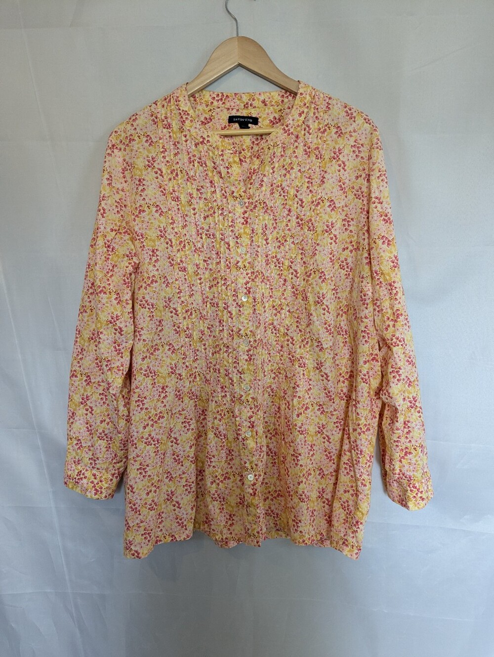 Lands' End 100% Cotton Pintuck Blouse Floral Button Down Roll Tab Sleeve Top 2X